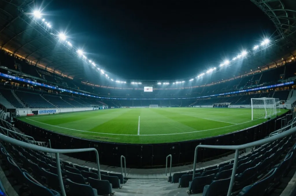 A dramatic wide-angle shot of a modern football stadium under bright floodlights at night